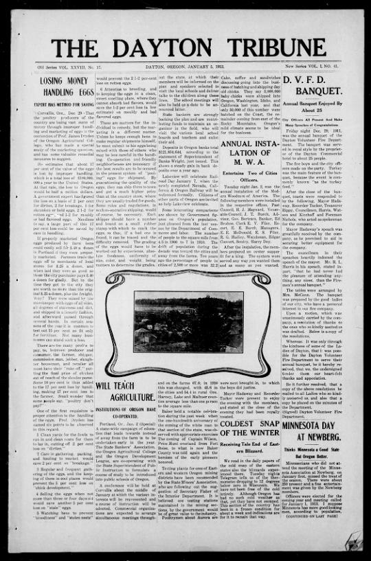 Image of the front page of the Dayton Tribune newspaper dated 01-05-1912